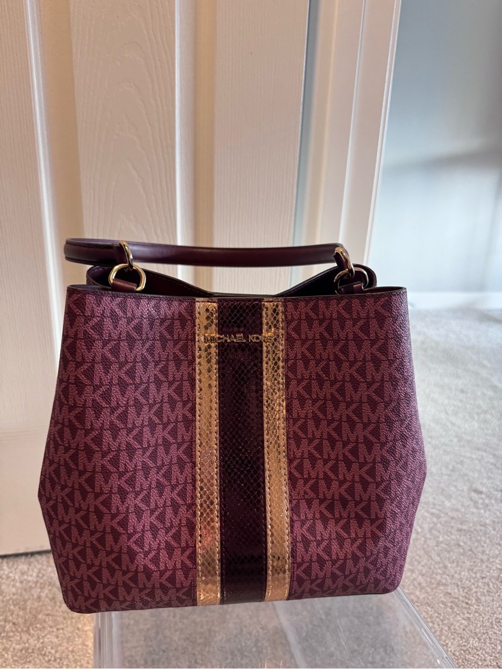 Michael Kors Burgundy Logo Tote with Gold Stripe